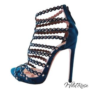 Alaïa Sultry Blue Caged Gladiator Mirror Studded Strapppy Sandal Heels SZ 36